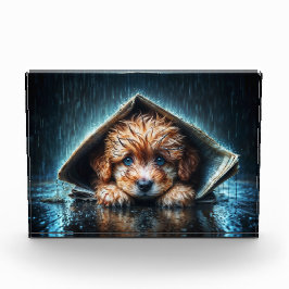 新聞の避難所の下で愛らしい濡れたワンちゃん フォトブロック