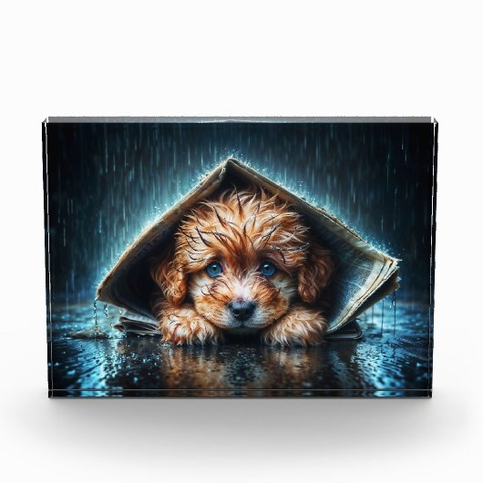 新聞の避難所の下で愛らしい濡れたワンちゃん フォトブロック (正面)