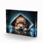 新聞の避難所の下で愛らしい濡れたワンちゃん フォトブロック (右)