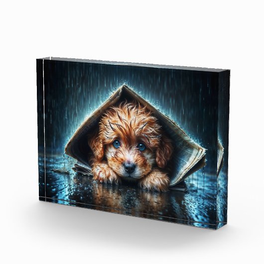 新聞の避難所の下で愛らしい濡れたワンちゃん フォトブロック (右)