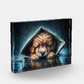 新聞の避難所の下で愛らしい濡れたワンちゃん フォトブロック (左)