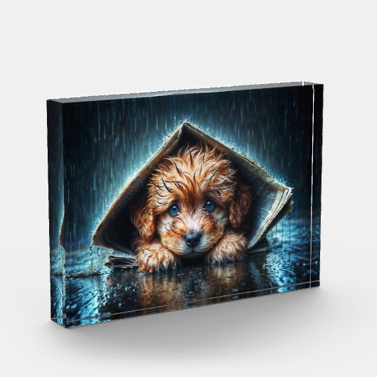 新聞の避難所の下で愛らしい濡れたワンちゃん フォトブロック (左)