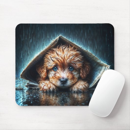新聞の避難所の下で愛らしい濡れたワンちゃん マウスパッド (マウス)