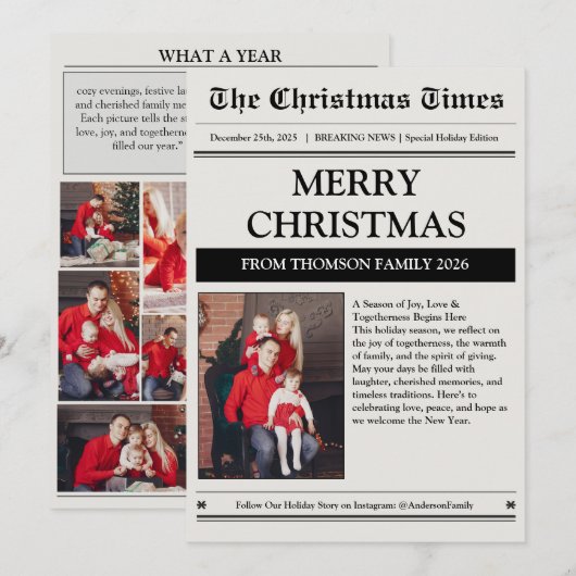 新聞の1年を振り返る家族写真クリスマス シーズンカード (正面/裏面)