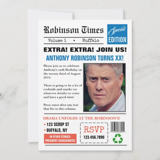 新聞は任意の年齢の誕生日写真招待状 招待状 (正面)