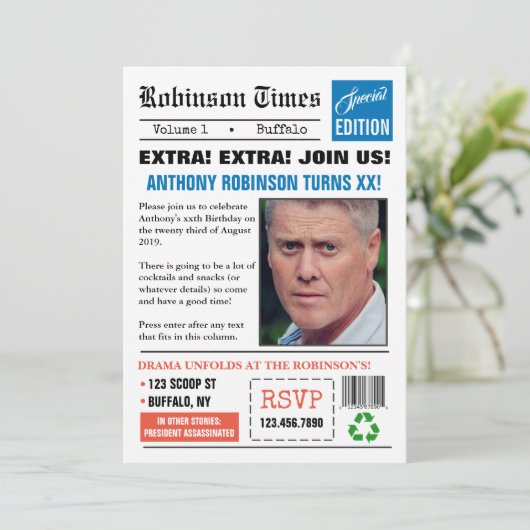 新聞は任意の年齢の誕生日写真招待状 招待状 (スタンド正面)