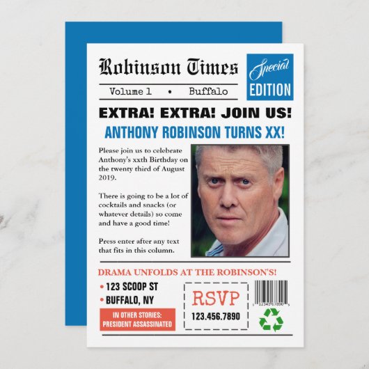 新聞は任意の年齢の誕生日写真招待状 招待状 (正面/裏面)