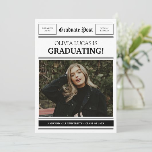 新聞をテーマにしたフォトコラージュ卒業パーティー 案内状 (スタンド正面)