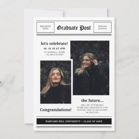 新聞をテーマにしたフォトコラージュ卒業パーティー 案内状 (裏面)