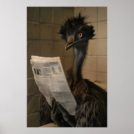 新聞を読むエミューが面白いバスルームのプリント ポスター (正面)