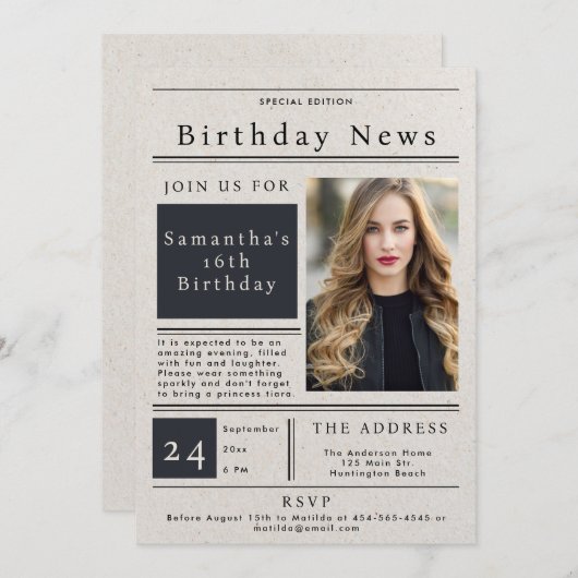 新聞エレガントトレンディーシック甘い16写真 招待状 (正面/裏面)