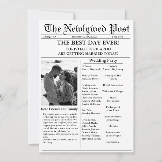 新聞カジュアルの結婚式の脚本は日付を保存 招待状 (正面)