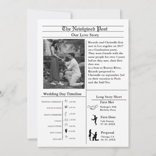 新聞カジュアルの結婚式の脚本は日付を保存 招待状 (裏面)