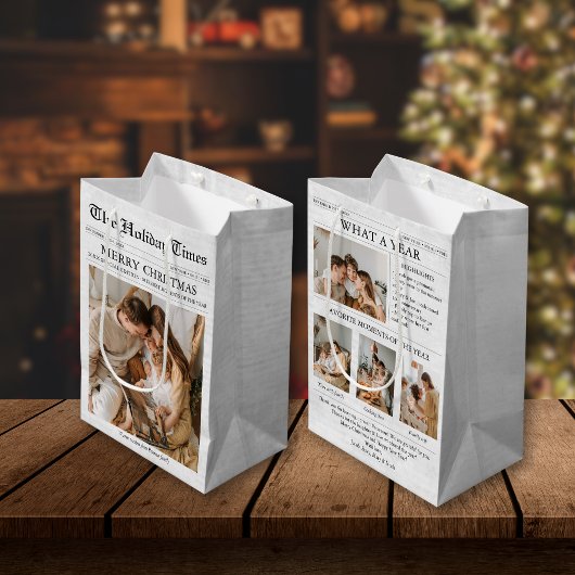 新聞クリスマスニュースレター写真コラージュ ミディアムペーパーバッグ