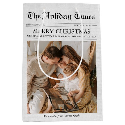 新聞クリスマスニュースレター写真コラージュ ミディアムペーパーバッグ (正面)