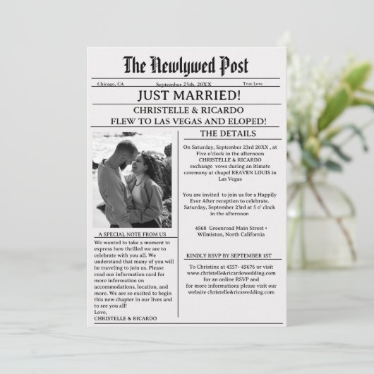 新聞シンプルの駆け落ちたった今結婚しました発表 招待状 (スタンド正面)
