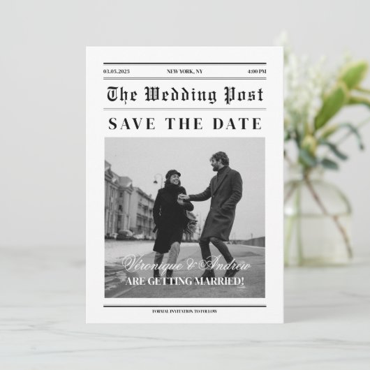 新聞スタイルおもしろい日付の保存フォト招待状 招待状 (スタンド正面)