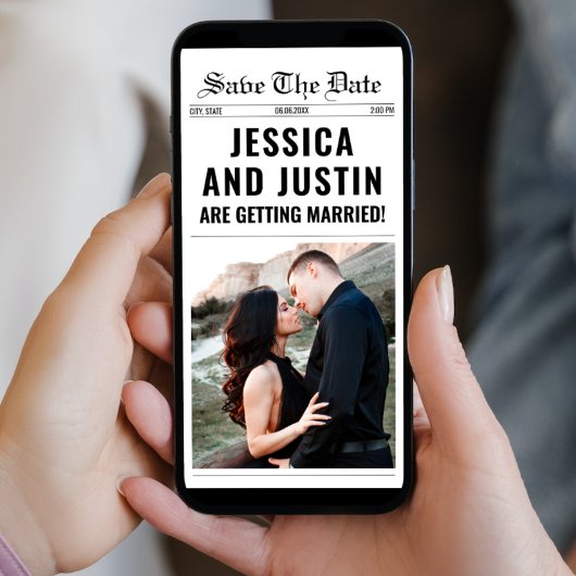 新聞スタイルのユニークでシンプルなオシャレな写真付き結婚式 セーブザデート