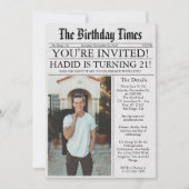 新聞スタイルのユニークで楽しい写真 21歳の誕生日パーティー 招待状 (正面)