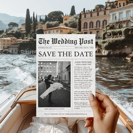 新聞スタイルのユニークな楽しい写真でお届けする結婚式のSave the Date 招待状