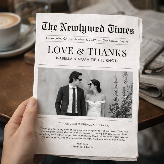 新聞スタイルの新婚夫婦の結婚感謝 サンキューカード