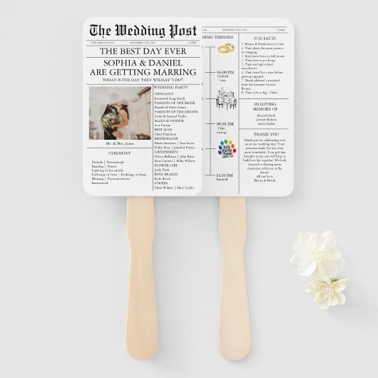 新聞スタイルの結婚プログラム（写真のタイムライン付き） ハンドファン (正面&裏面)