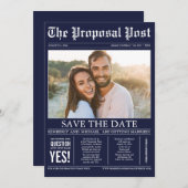 新聞スタイルネイビーブルー日付写真を保存 セーブザデート (正面/裏面)