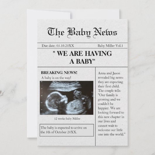 新聞スタイル写真おもしろい妊娠の発表 招待状 (正面)
