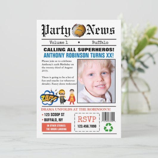 新聞スーパーヒーローバースデーパーティーの写真招待状 招待状 (スタンド正面)