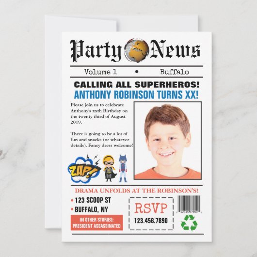 新聞スーパーヒーローバースデーパーティーの写真招待状 招待状 (正面)