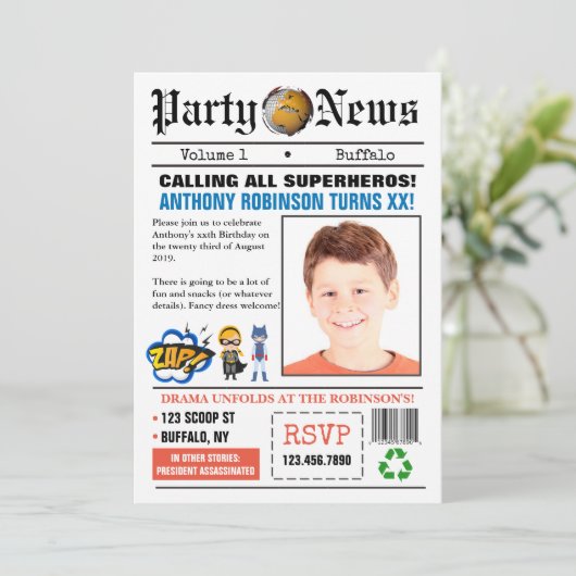 新聞スーパーヒーローバースデーパーティーの写真招待状 招待状 (スタンド正面)
