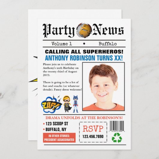 新聞スーパーヒーローバースデーパーティーの写真招待状 招待状 (正面/裏面)
