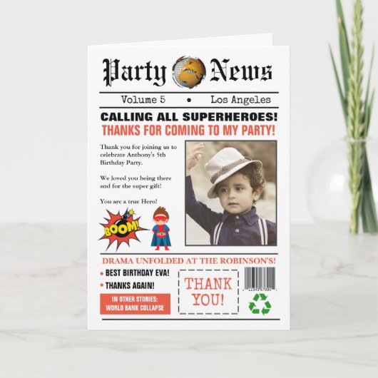 新聞スーパーヒーロー誕生日パーティーの写真 サンキューカード (正面)