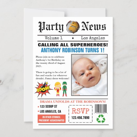 新聞スーパーヒーロー誕生日パーティーの写真 マグネット招待状 (正面)
