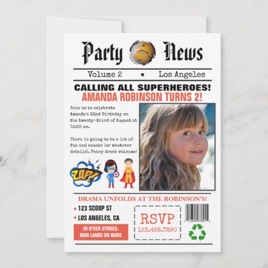 新聞スーパーヒーロー誕生日パーティー 招待状 (正面)
