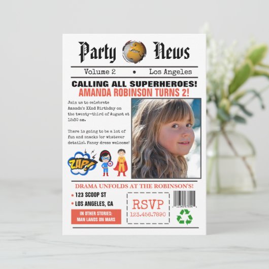 新聞スーパーヒーロー誕生日パーティー 招待状 (スタンド正面)