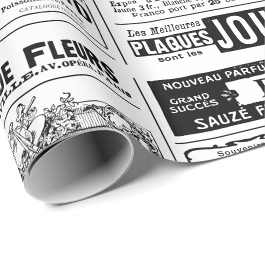 新聞ビクトリアンアンティークフランスの白黒 ラッピングペーパー (ロールコーナー)