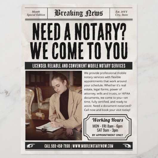 新聞フライヤー、レトロモバイル公証人サービス チラシ (正面)