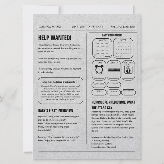 新聞ベビーが妊娠発表を明らかにする カード (裏面)