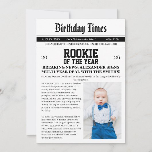 新聞ベースボール1歳の誕生日パーティー 招待状 (正面)