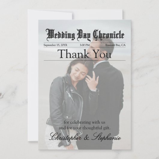 新聞モダンの結婚一枚の写真のエレガント脚本 サンキューカード (正面)