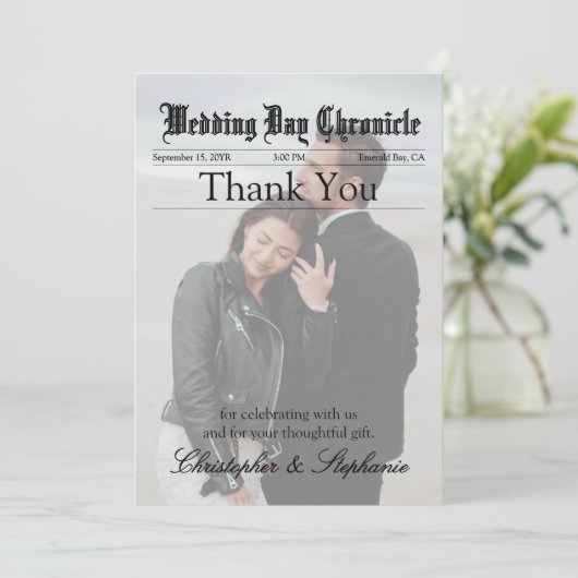 新聞モダンの結婚一枚の写真のエレガント脚本 サンキューカード (スタンド正面)