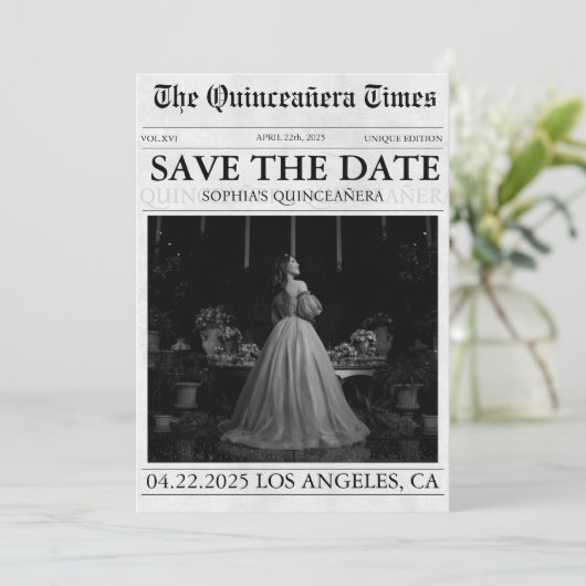 新聞モダンキンセアニラの写真は日付を保存 招待状 (スタンド正面)