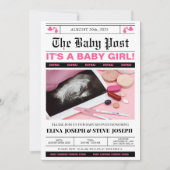 新聞モダン写真ガール赤ちゃんシャワー 招待状 (正面)