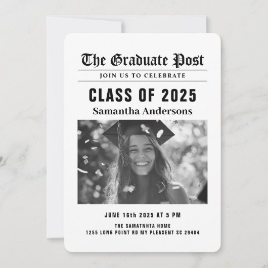 新聞モダン卒業写真 招待状 (正面)