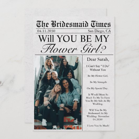 新聞ユニークおもしろいフォトフラワーガール提案 招待状 (正面/裏面)