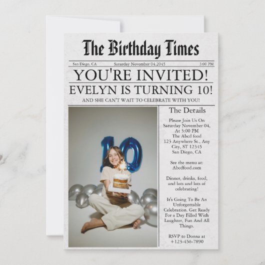 新聞ユニークおもしろい写真10th誕生日パーティー 招待状 (正面)
