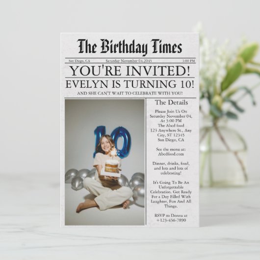 新聞ユニークおもしろい写真10th誕生日パーティー 招待状 (スタンド正面)