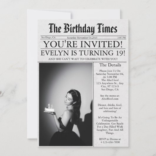 新聞ユニークおもしろい写真19th誕生日パーティー 招待状 (正面)