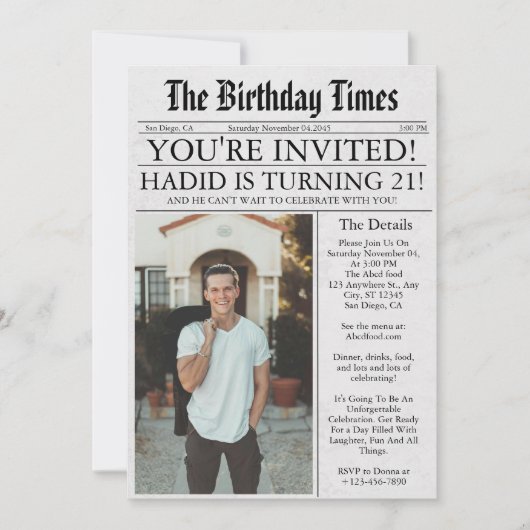 新聞ユニークおもしろい写真21歳の誕生日パーティー 招待状 (正面)